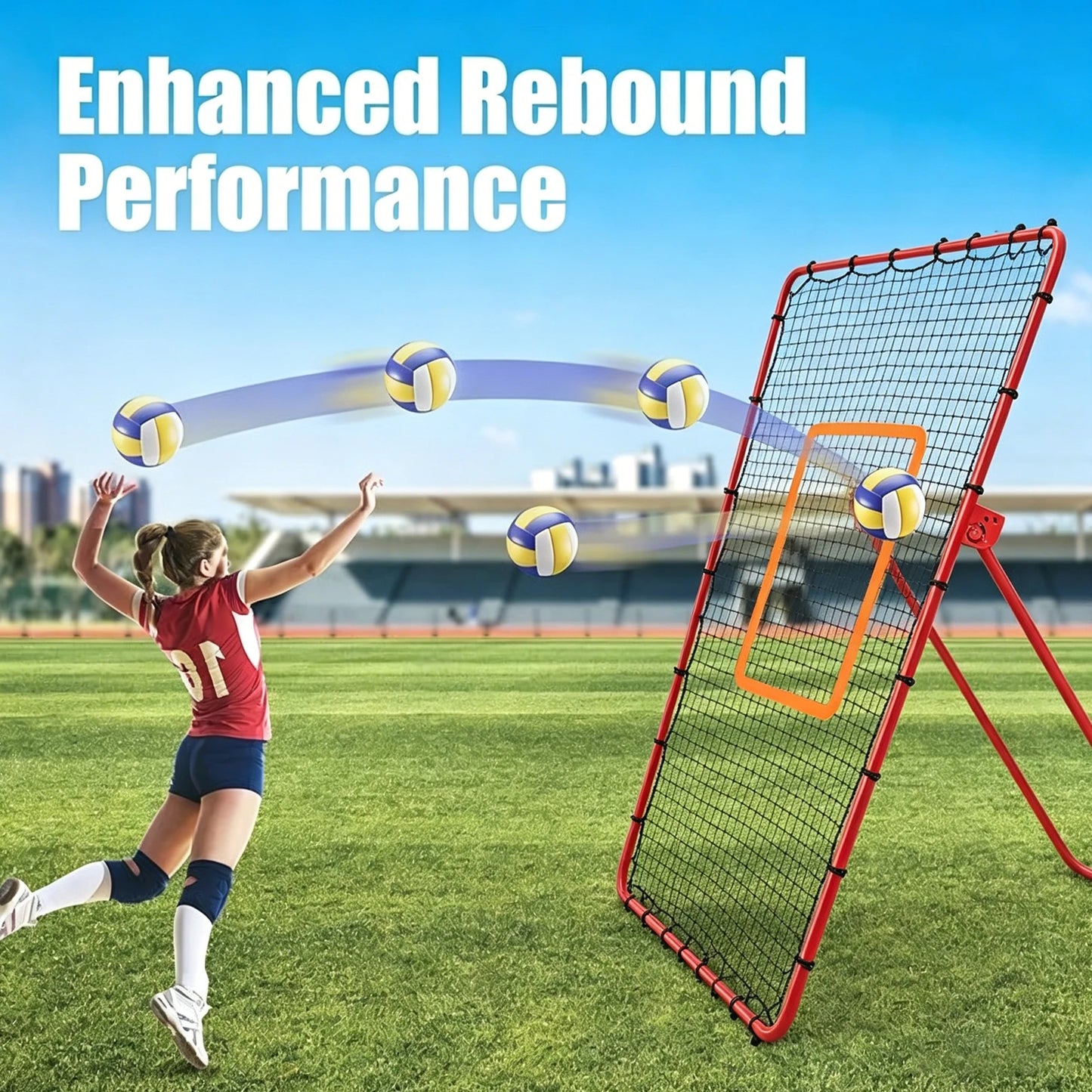 Volleyball Rebound Net with 5 Adjustable Angles, Heavy Duty Metal Frame Bounce Back Training Net for Lacrosse Baseball Softball