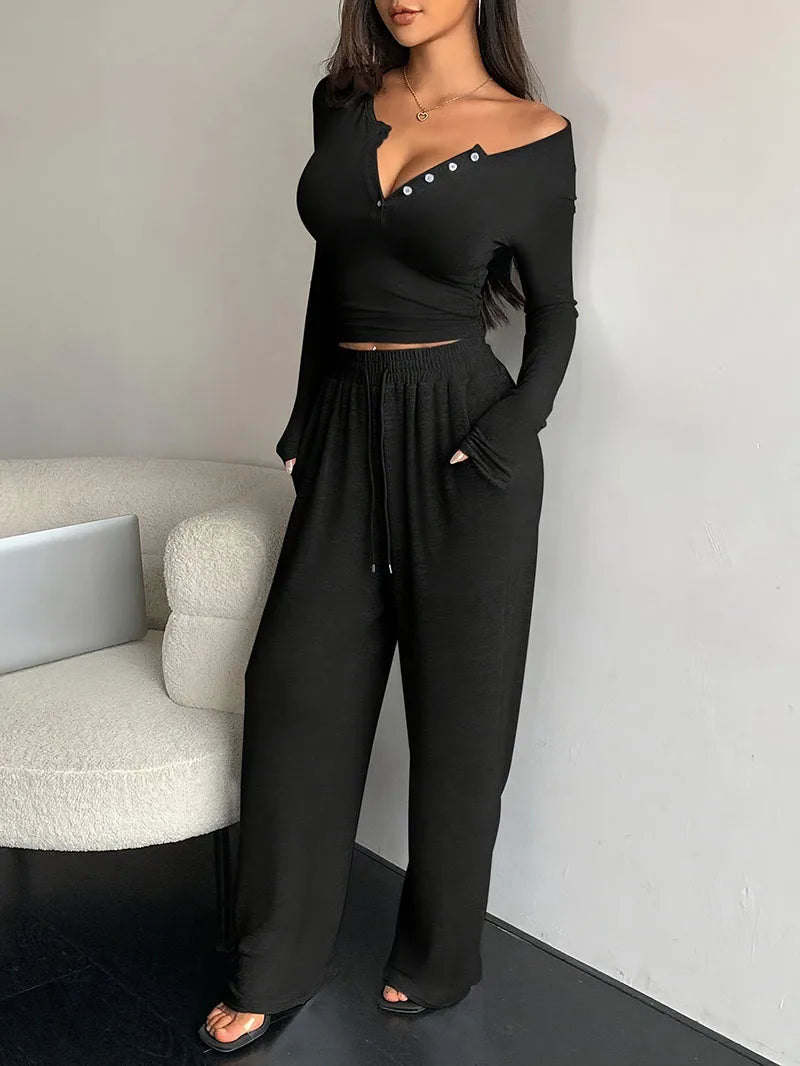 Women Two Piece Sets Sexy V-neck Long Sleeve Shirts Loose High Waist Wide Leg Pant Sets Lady Running Tracksuits