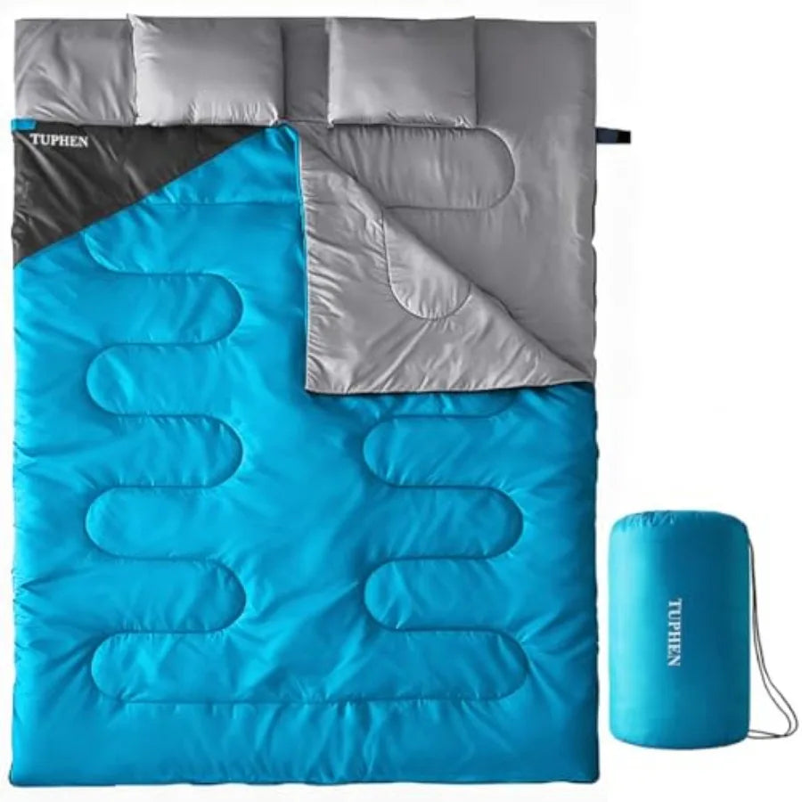 Double Sleeping Bag Sleeping Bag with 2 Pillows Queen Size XL Bag for 2 People Cold Warm Weather- 3 Seasons Waterproof Adults f