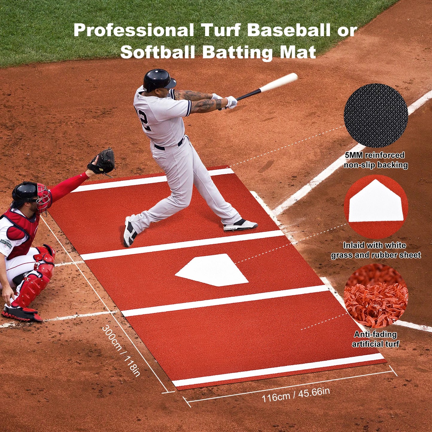 Batting Mat Baseball Hitting Mat Baseball Batting Cage Mat, 10X3.8 Ft Turf Batters Box Mat for Baseball Softball