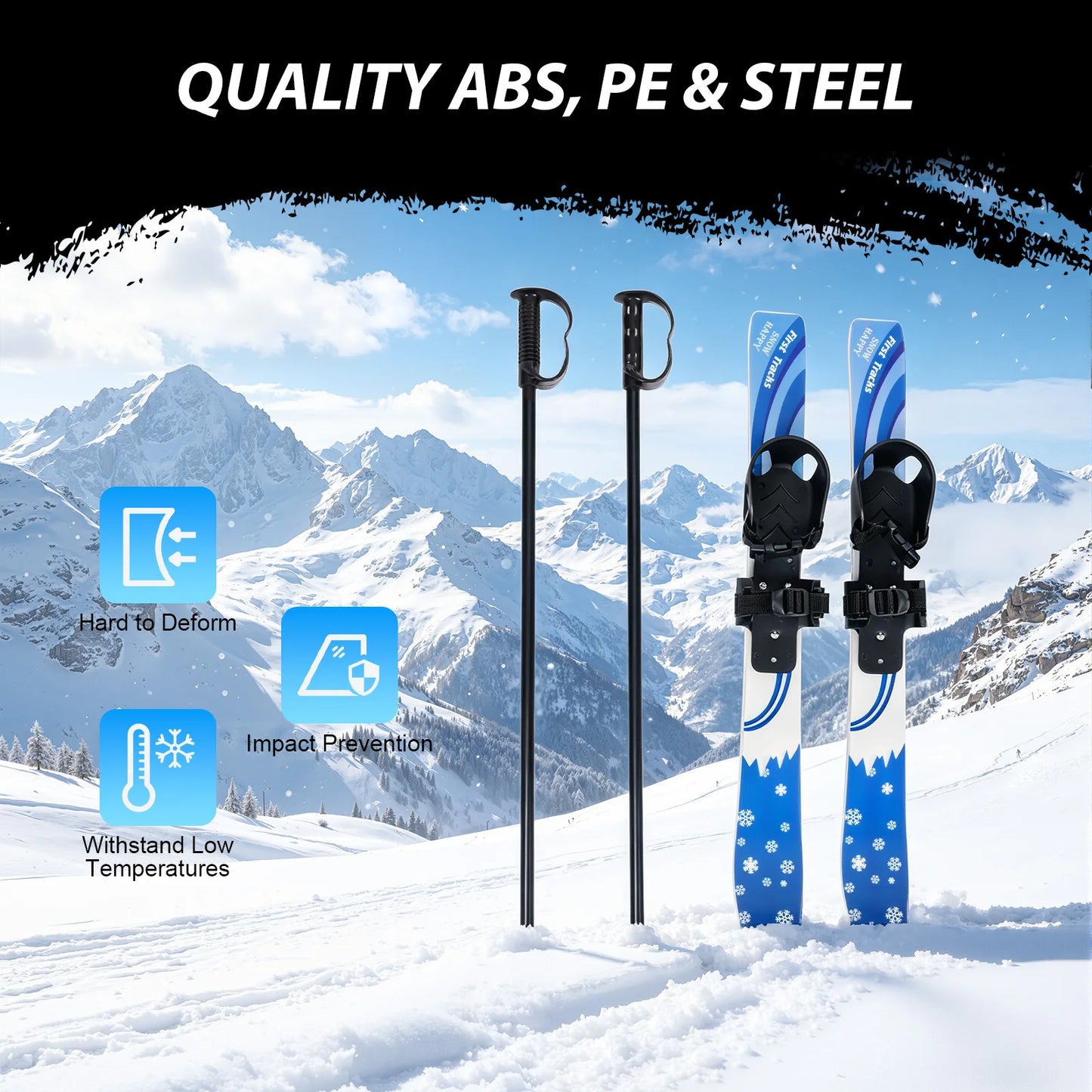 Kids Snow Sports Gear, Kids Skis and Poles, ABS PE Steel Blue 68cm 50kg Load Rounded Tip Kids Skis and Poles, Kids Skis and Poles 2-8 Years Old Beginner Snow Skiing Accessory