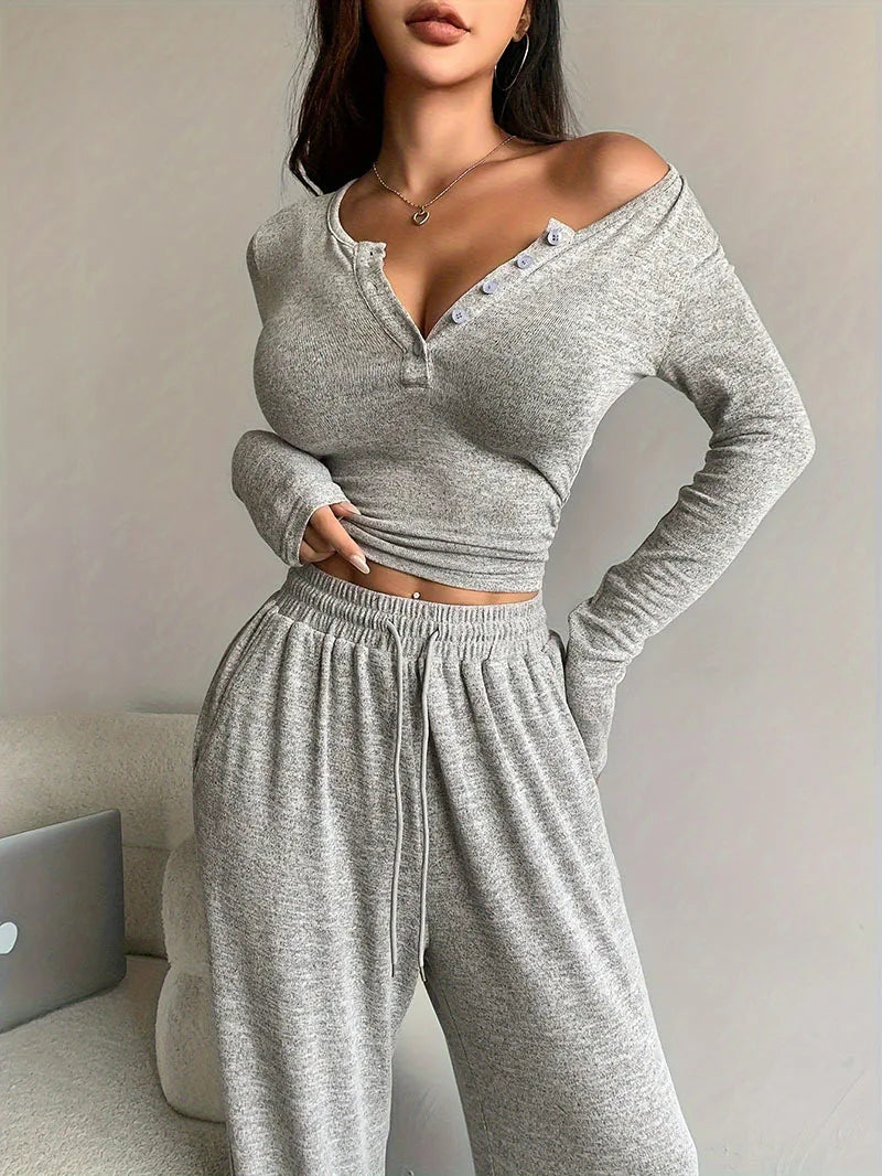 Women Two Piece Sets Sexy V-neck Long Sleeve Shirts Loose High Waist Wide Leg Pant Sets Lady Running Tracksuits