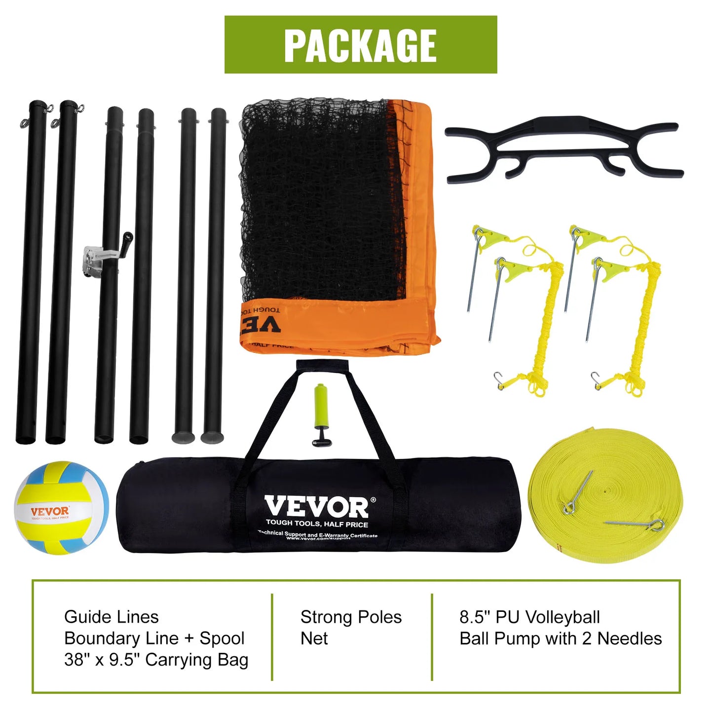 SucceBuy 1.25-1.75inch  Portable Volleyball Net System Adjustable Height Aluminum Poles Volleyball Set w/ Pump Carrying Bag