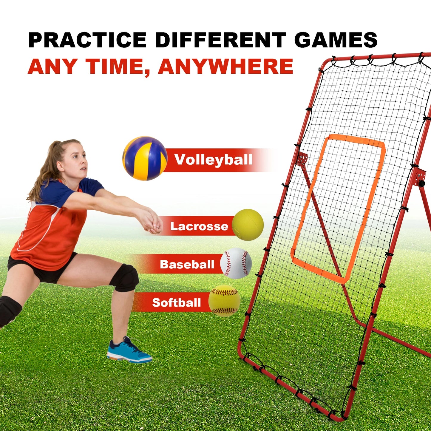Volleyball Rebound Net with 5 Adjustable Angles, Heavy Duty Metal Frame Bounce Back Training Net for Lacrosse Baseball Softball
