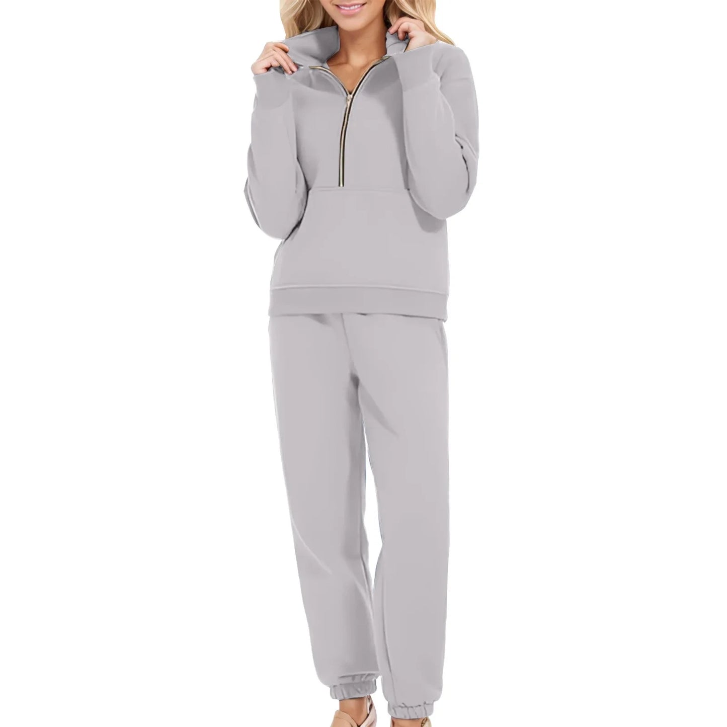 Casual Half Zip Up 2 Piece Sets For Women Loose Pullover Sweatshirt And Joggers Pants Sportswear Spring Autumn Solid Match Suits