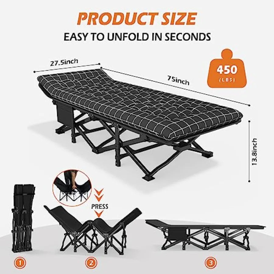 Camping Cot for Adults with Cushion Comfortable Portable Folding Bed for Sleeping Lightweight Folding Bed with Carry Bag for Su