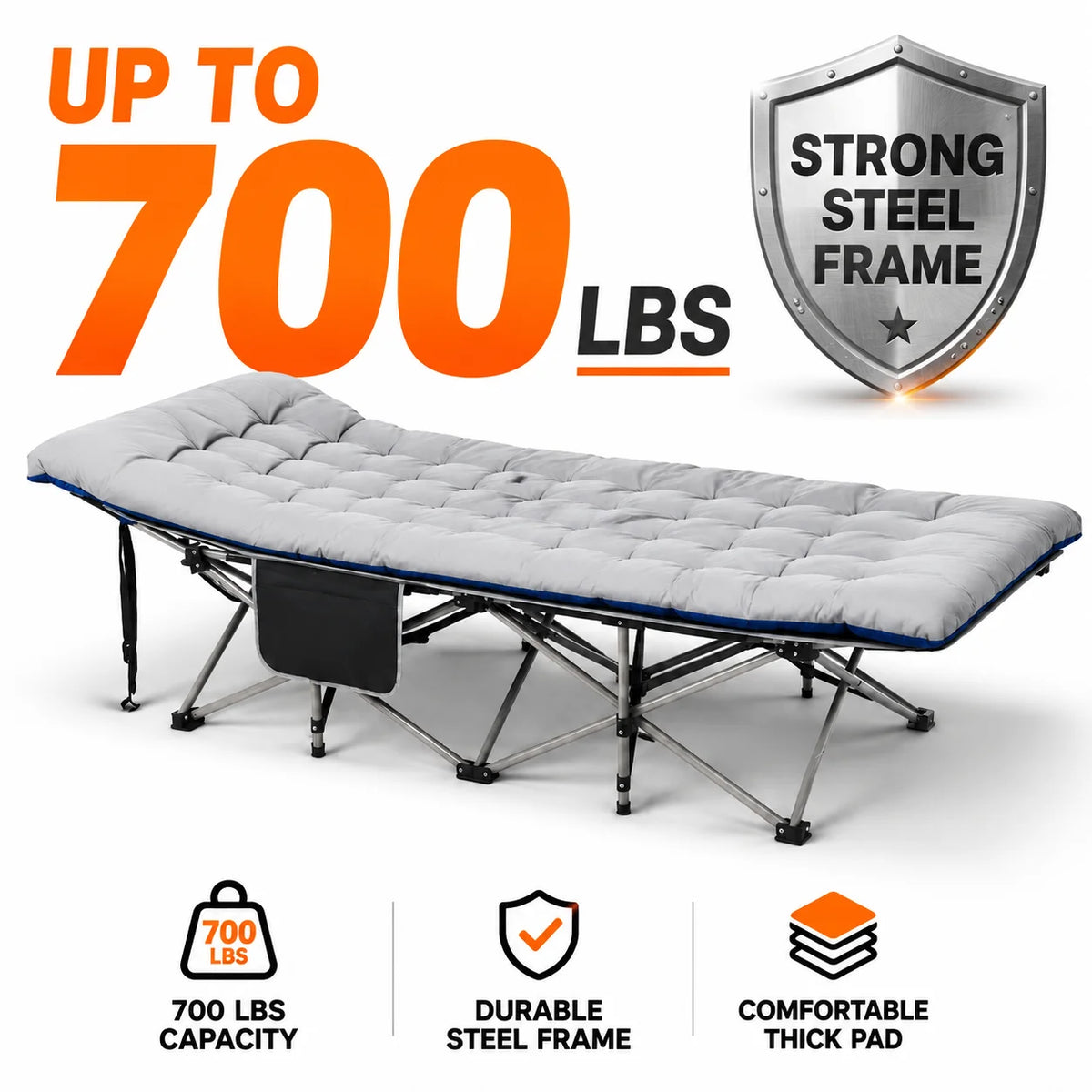 Foldable Cot Bed with Thick Mattress - Portable Camping & Office Nap Bed, Sturdy Steel Frame, Easy Fold & Lightweight for Indoor/Outdoor Use
