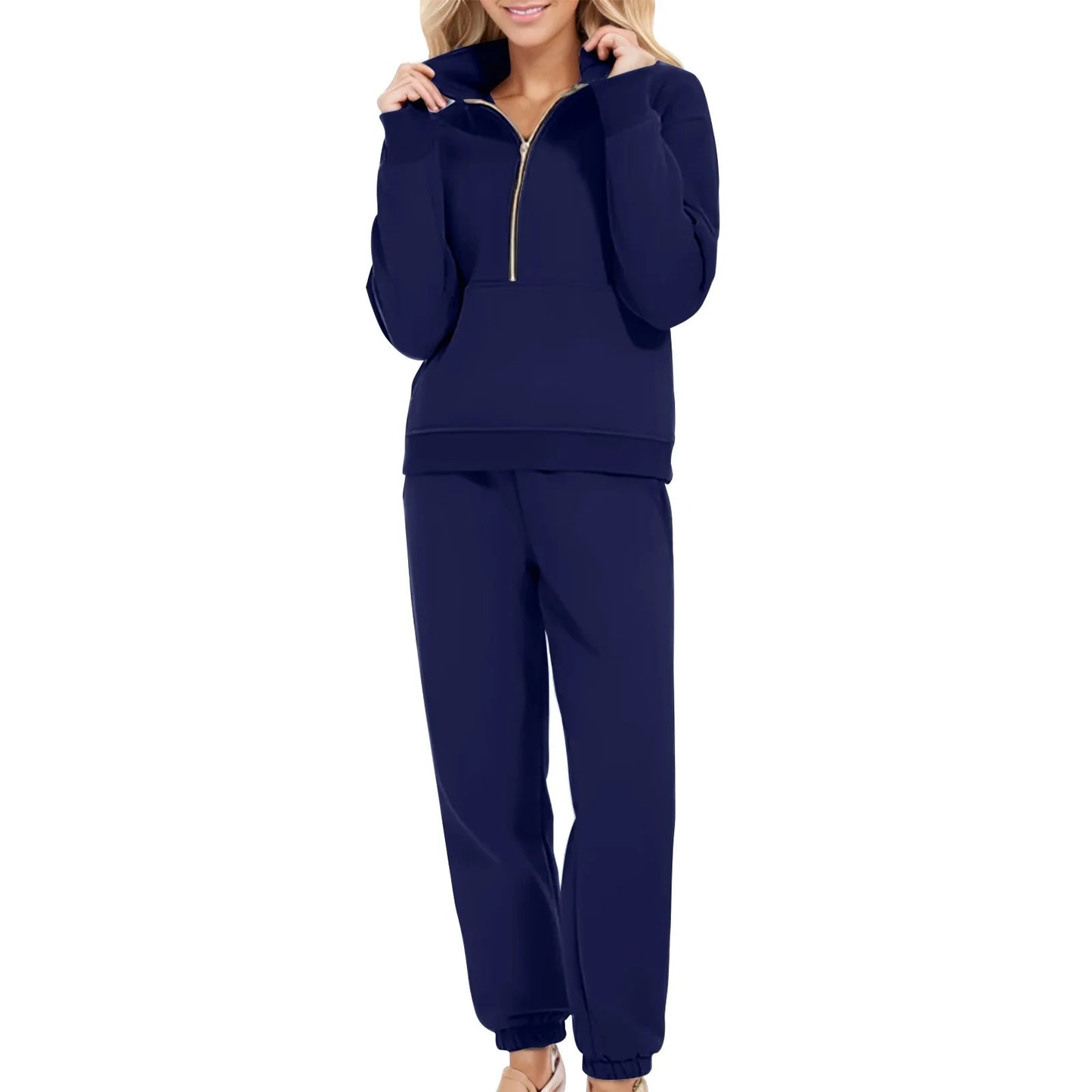 Casual Half Zip Up 2 Piece Sets For Women Loose Pullover Sweatshirt And Joggers Pants Sportswear Spring Autumn Solid Match Suits