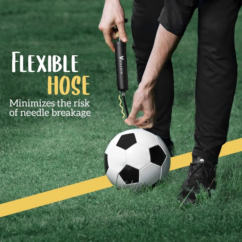 Ball Pump with Needle Storage in Handle - 4 Metal Needles, 2 Plastic Nozzles, Flexible Hose for Soccer, Basketball, Volleyball, Handball - Black