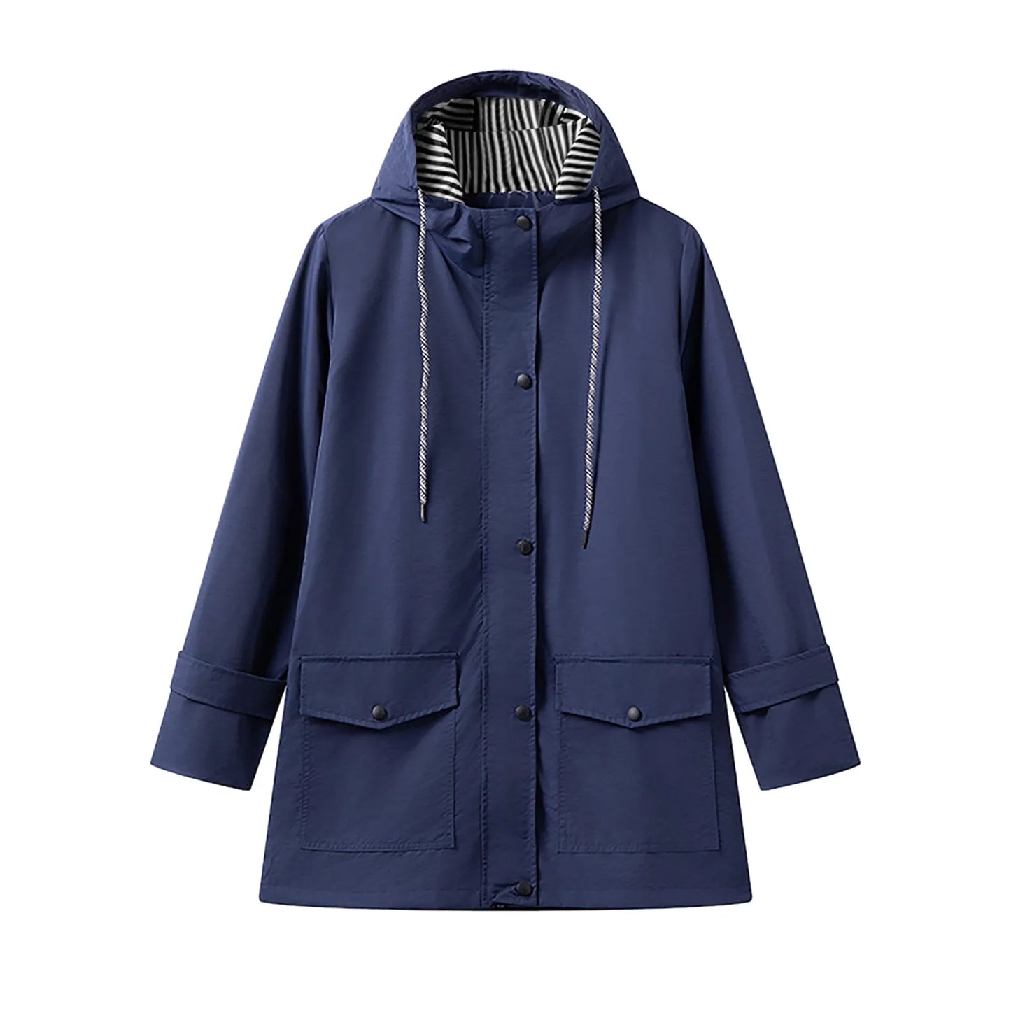 Solid Rain Jacket For Women Autumn Winter Striped Simple Style Drawstring Rain Jacket Plus Size Waterproof Anoraks Outerwear