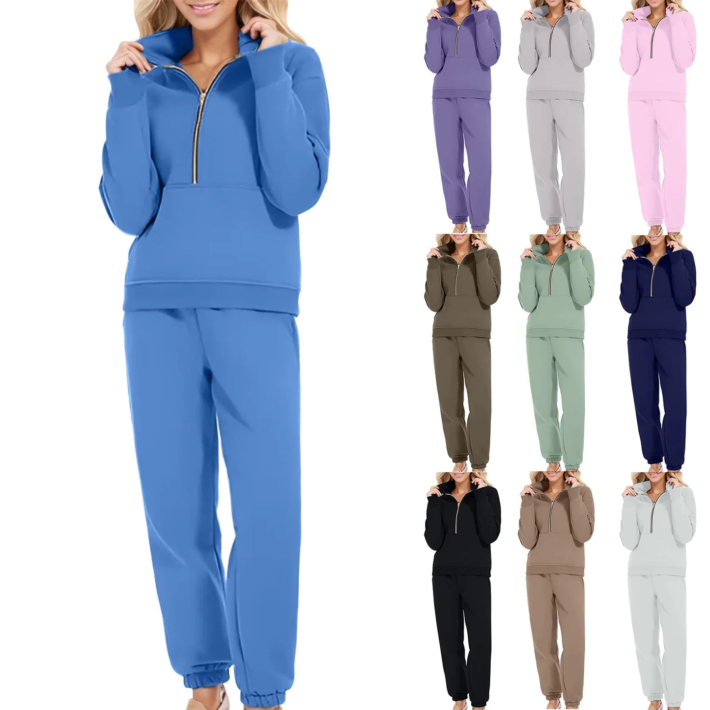 Casual Half Zip Up 2 Piece Sets For Women Loose Pullover Sweatshirt And Joggers Pants Sportswear Spring Autumn Solid Match Suits