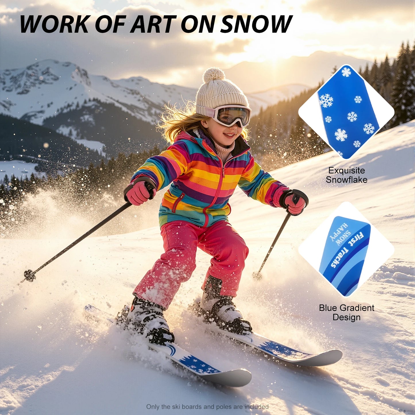 Kids Snow Sports Gear, Kids Skis and Poles, ABS PE Steel Blue 68cm 50kg Load Rounded Tip Kids Skis and Poles, Kids Skis and Poles 2-8 Years Old Beginner Snow Skiing Accessory