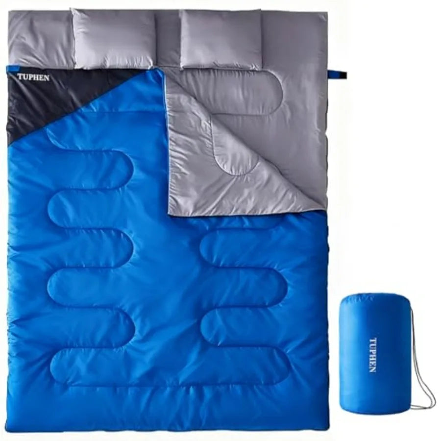 Double Sleeping Bag Sleeping Bag with 2 Pillows Queen Size XL Bag for 2 People Cold Warm Weather- 3 Seasons Waterproof Adults f