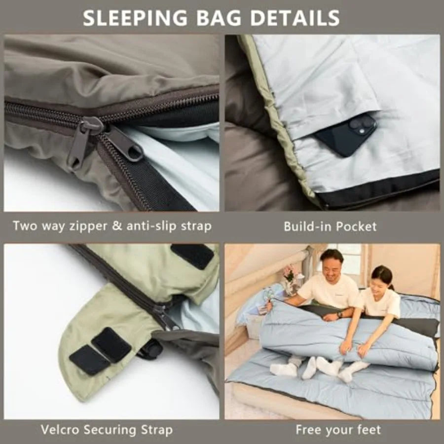 Double Sleepinag Bag for Adults Two Person Queen Size Camping Sleeping Bag for All Season Backpacking Hiking Cold Weather with