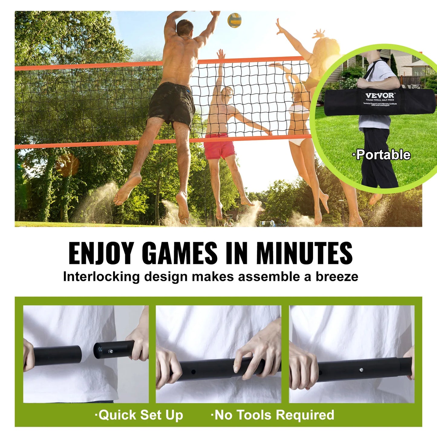 SucceBuy 1.25-1.75inch  Portable Volleyball Net System Adjustable Height Aluminum Poles Volleyball Set w/ Pump Carrying Bag