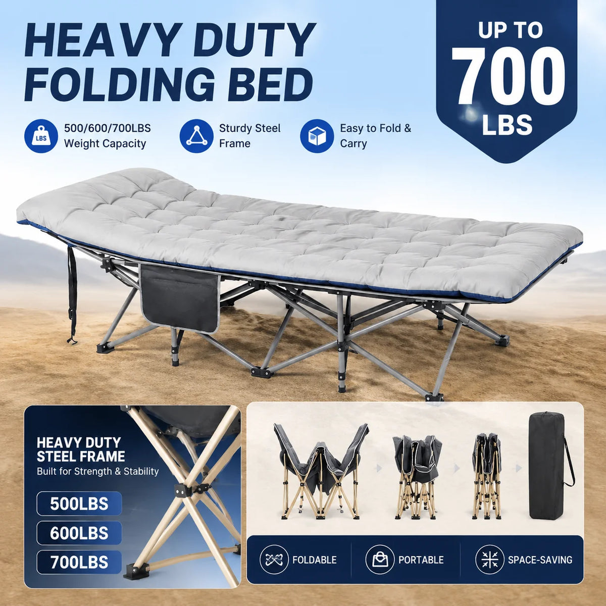 Foldable Cot Bed with Thick Mattress - Portable Camping & Office Nap Bed, Sturdy Steel Frame, Easy Fold & Lightweight for Indoor/Outdoor Use
