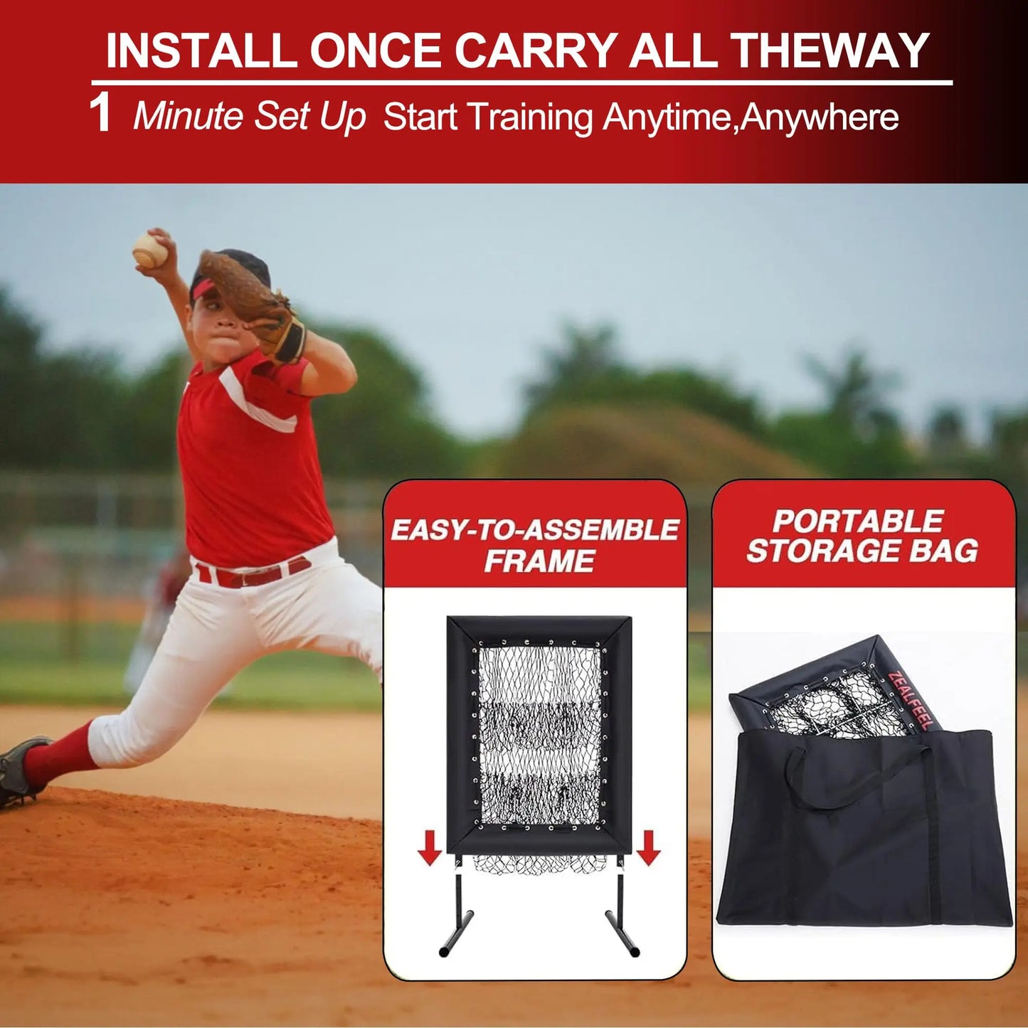 Adjustable Pitching Net,9 Holes Rebound Practice Net with Strike Zone, 5-Level Trainer w/Carry Bag & Ball for Softball Baseball