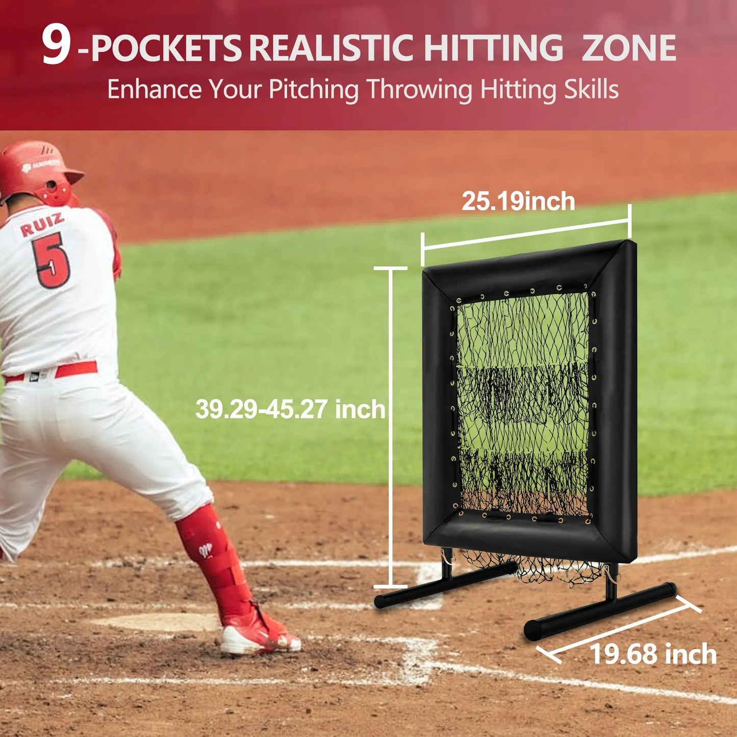 Adjustable Pitching Net,9 Holes Rebound Practice Net with Strike Zone, 5-Level Trainer w/Carry Bag & Ball for Softball Baseball