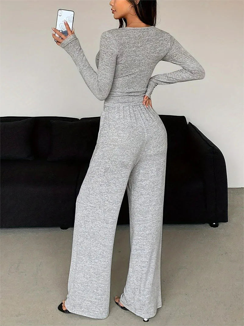 Women Two Piece Sets Sexy V-neck Long Sleeve Shirts Loose High Waist Wide Leg Pant Sets Lady Running Tracksuits