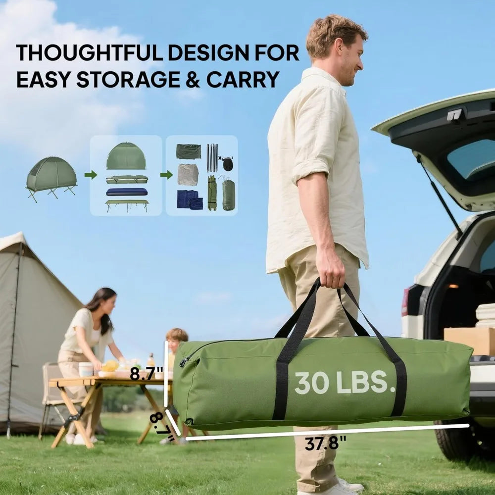 6-in-1 Folding Tent Cot Combo with Mattress, Pillow, Sleeping Bag, Bed Cover, Roller Bag, Off Ground Camp Cot for Hiking, Picnic