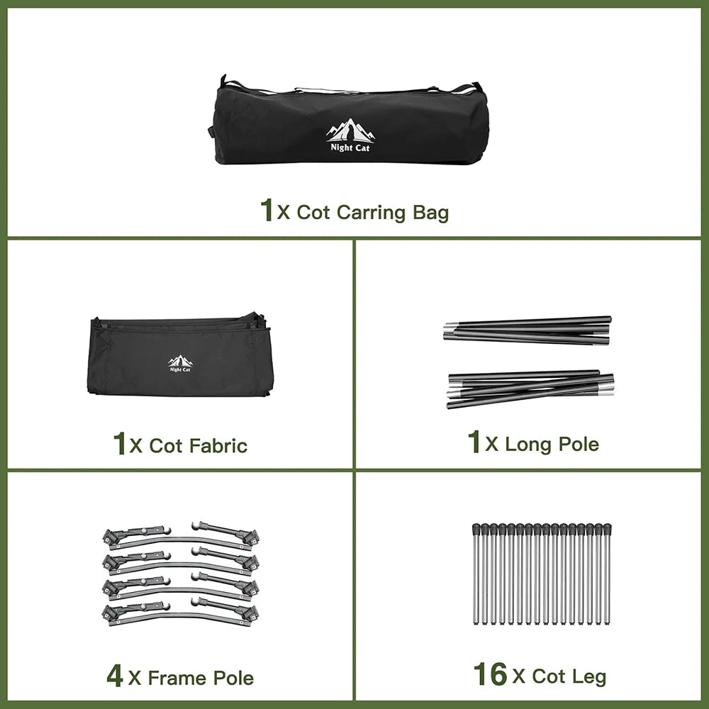 Night Cat Camping Cot Bed - Portable Folding Sleeping Cots for Adults 1-Person Outdoor Elevated Off-Ground Beds Easy Set-up