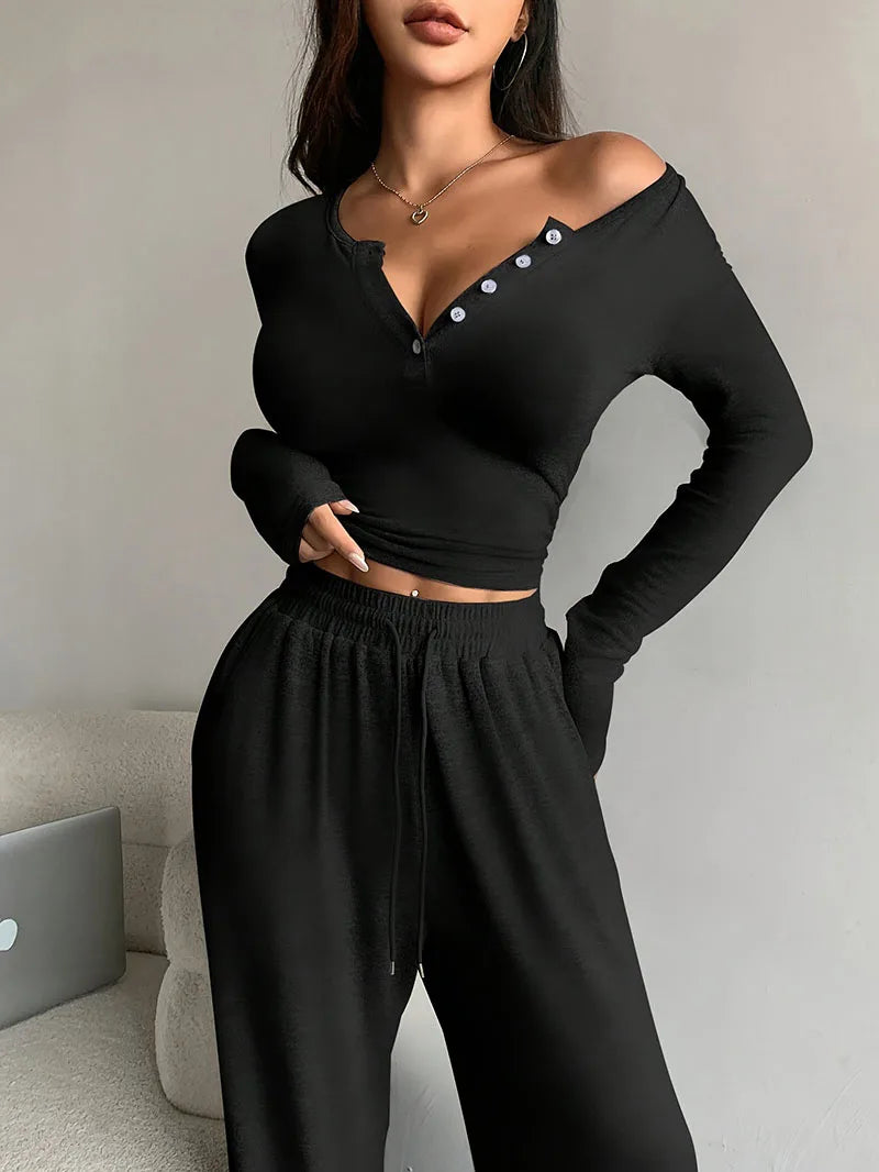 Women Two Piece Sets Sexy V-neck Long Sleeve Shirts Loose High Waist Wide Leg Pant Sets Lady Running Tracksuits