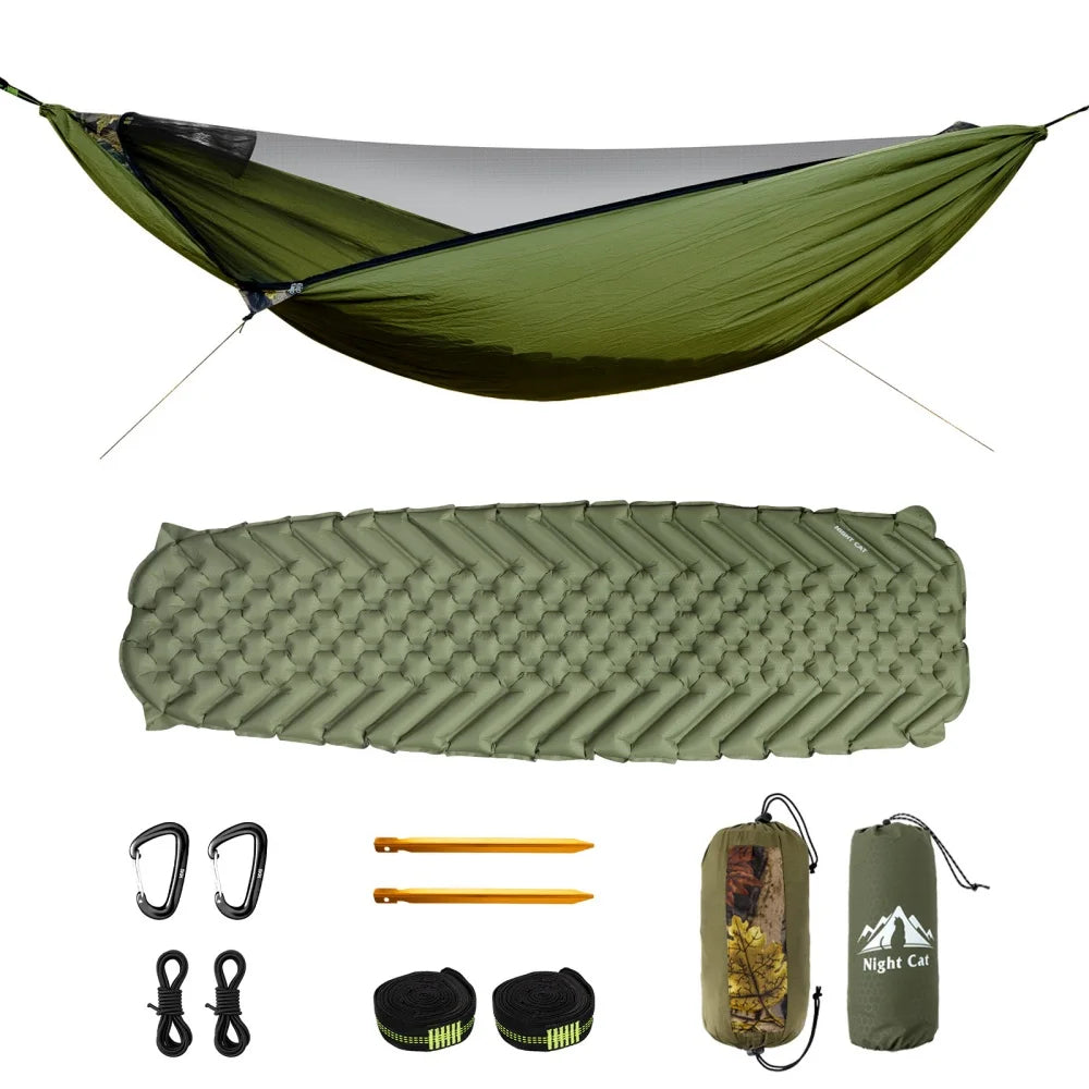 Night Cat Camping Hammock Outdoor: Portable Hammock with Mosquito Net and Sleeping Pad Lightweight for 1 Person for Wild Travel