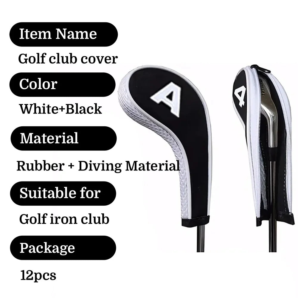 Golf Club Covers 12-Piece Neoprene Number Print Set with Zippered Driver Head Cover Long Neck for Club Protection