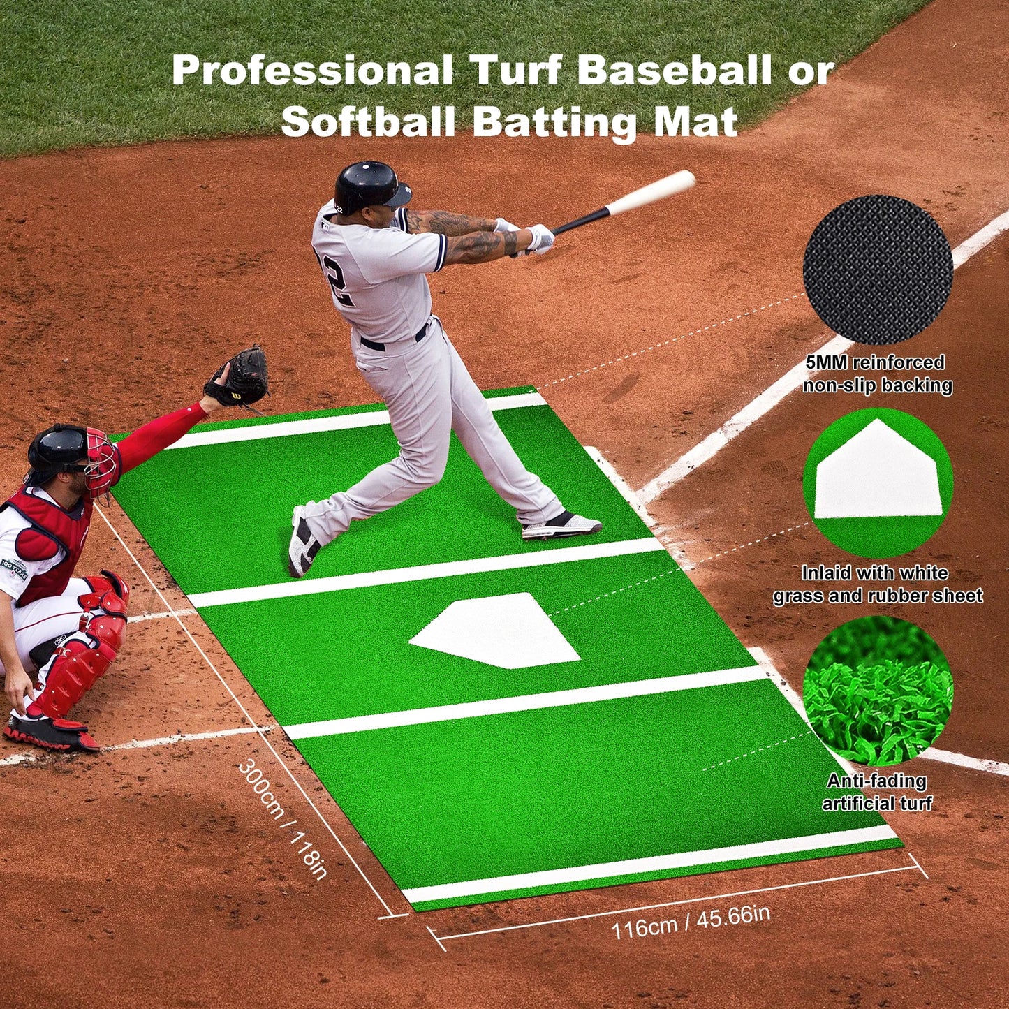 Batting Mat Baseball Hitting Mat Baseball Batting Cage Mat, 10X3.8 Ft Turf Batters Box Mat for Baseball Softball