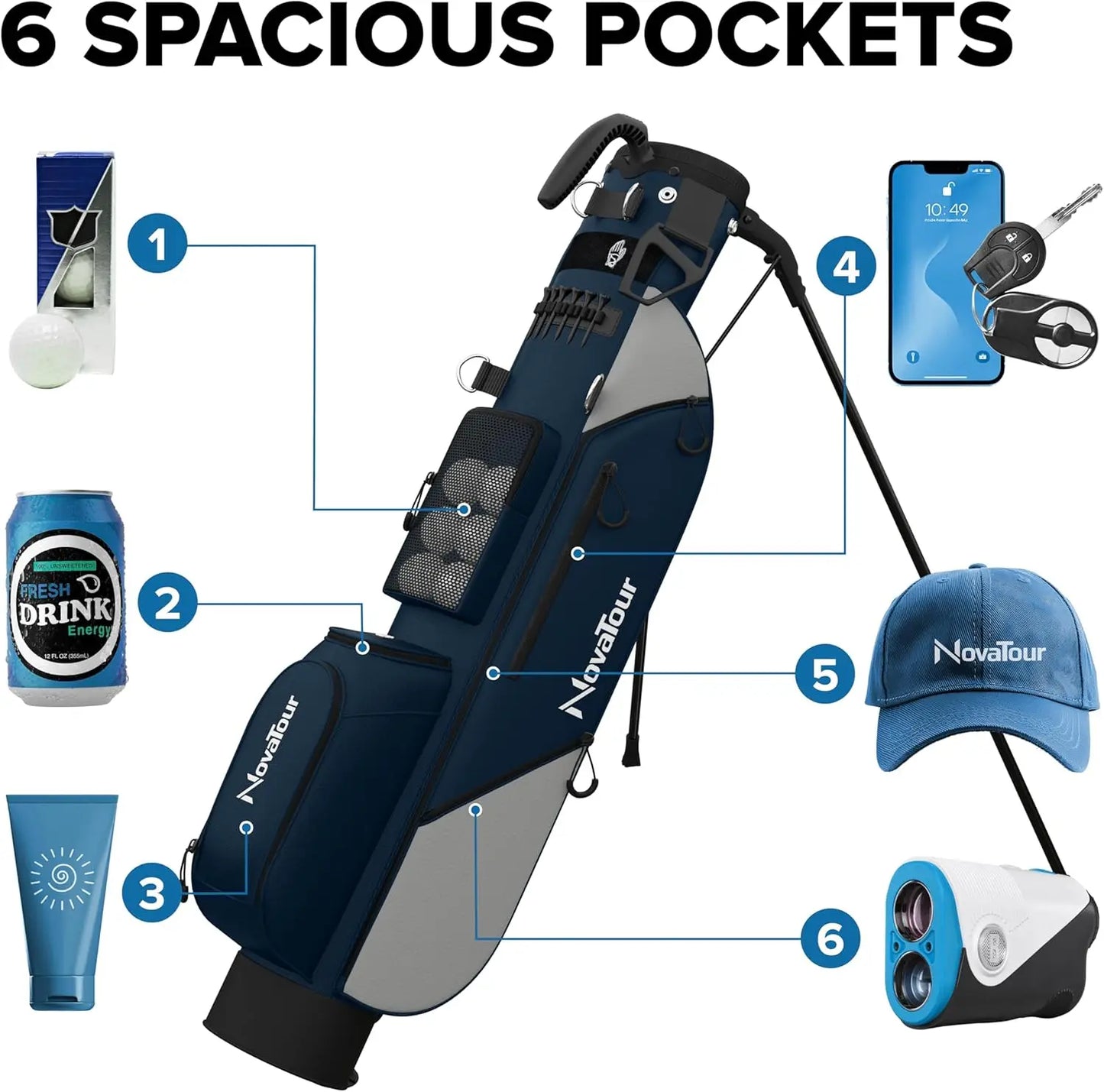 Ultra Lightweight Par 3 Golf Bag with Double Strap and 6 Zippered Pockets for Executive Courses