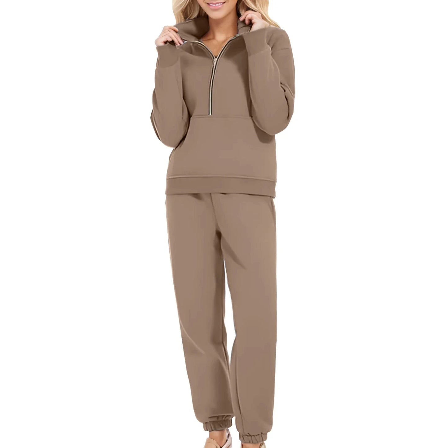 Casual Half Zip Up 2 Piece Sets For Women Loose Pullover Sweatshirt And Joggers Pants Sportswear Spring Autumn Solid Match Suits
