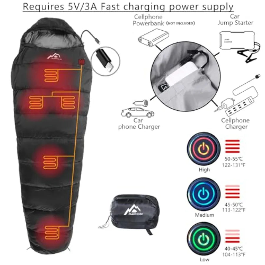 Heated Sleeping Bag 5pcs Multi USB Power Support Heating PadsOperated with Battery Power Bank or Other USB Power Supplies Porta