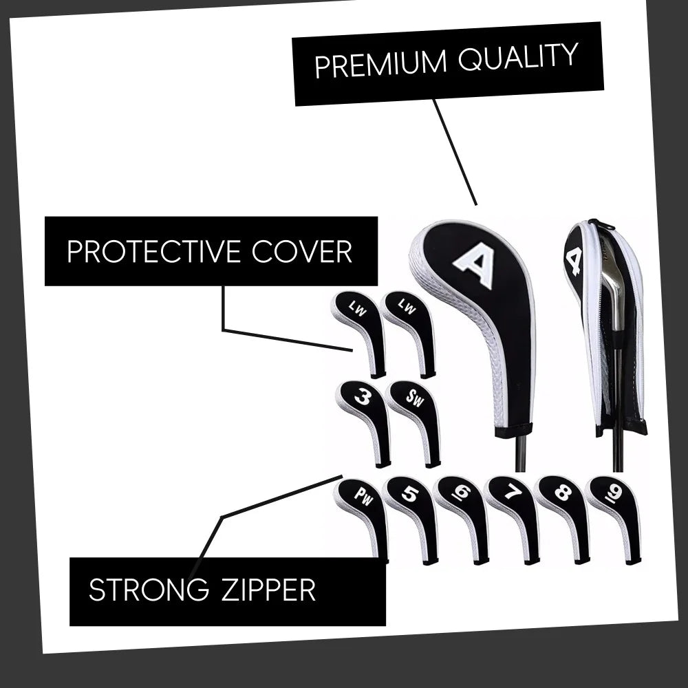 Protective Golf Club Covers 12-Piece Neoprene Number Print Set with Zippered Driver Head and Long Neck for Woods