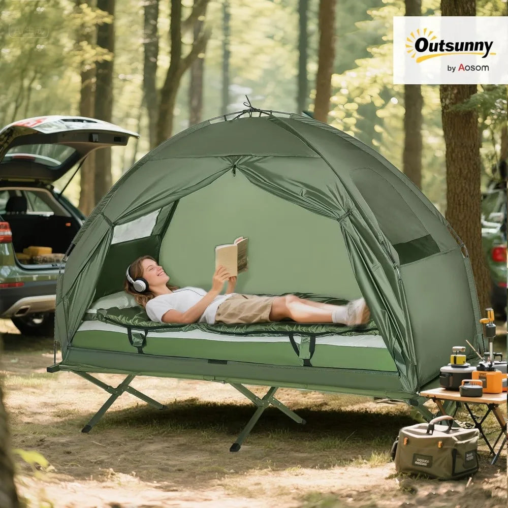 6-in-1 Folding Tent Cot Combo with Mattress, Pillow, Sleeping Bag, Bed Cover, Roller Bag, Off Ground Camp Cot for Hiking, Picnic