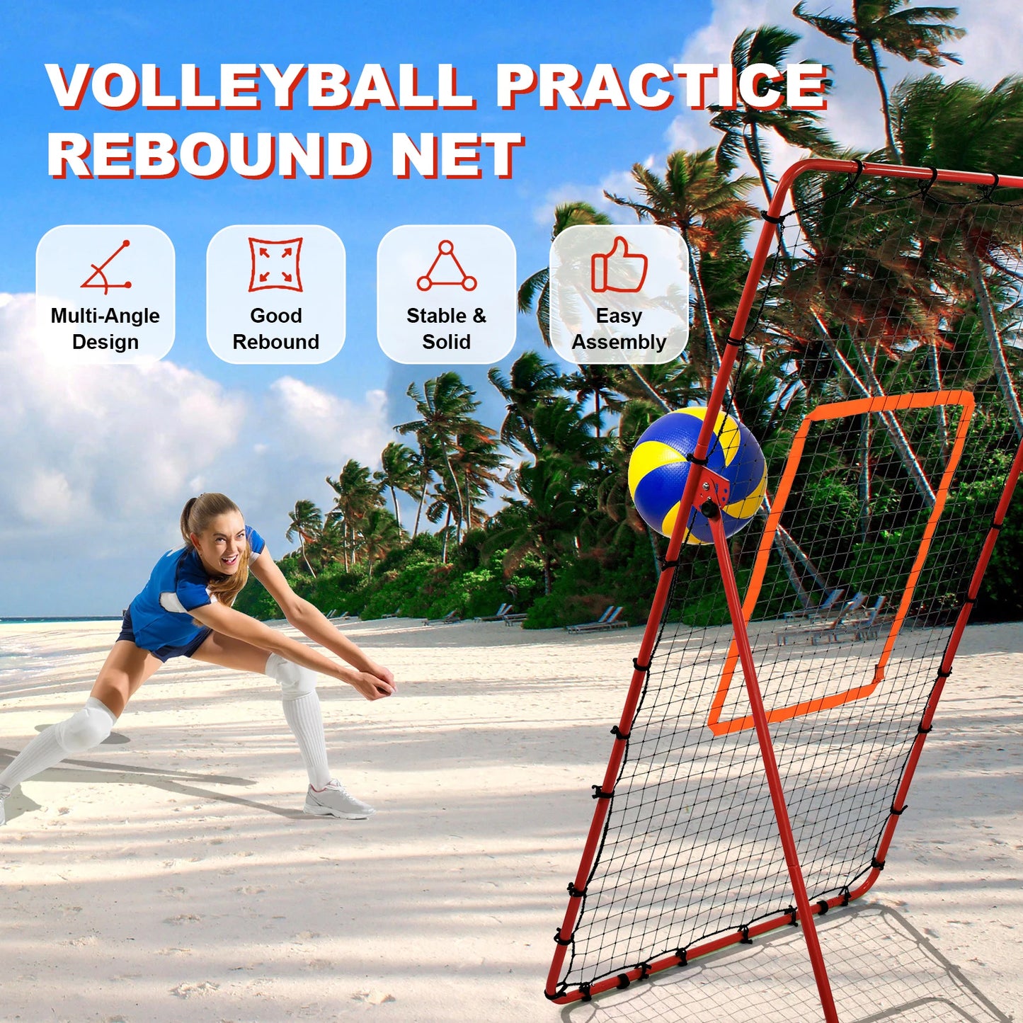 Volleyball Rebound Net with 5 Adjustable Angles, Heavy Duty Metal Frame Bounce Back Training Net for Lacrosse Baseball Softball