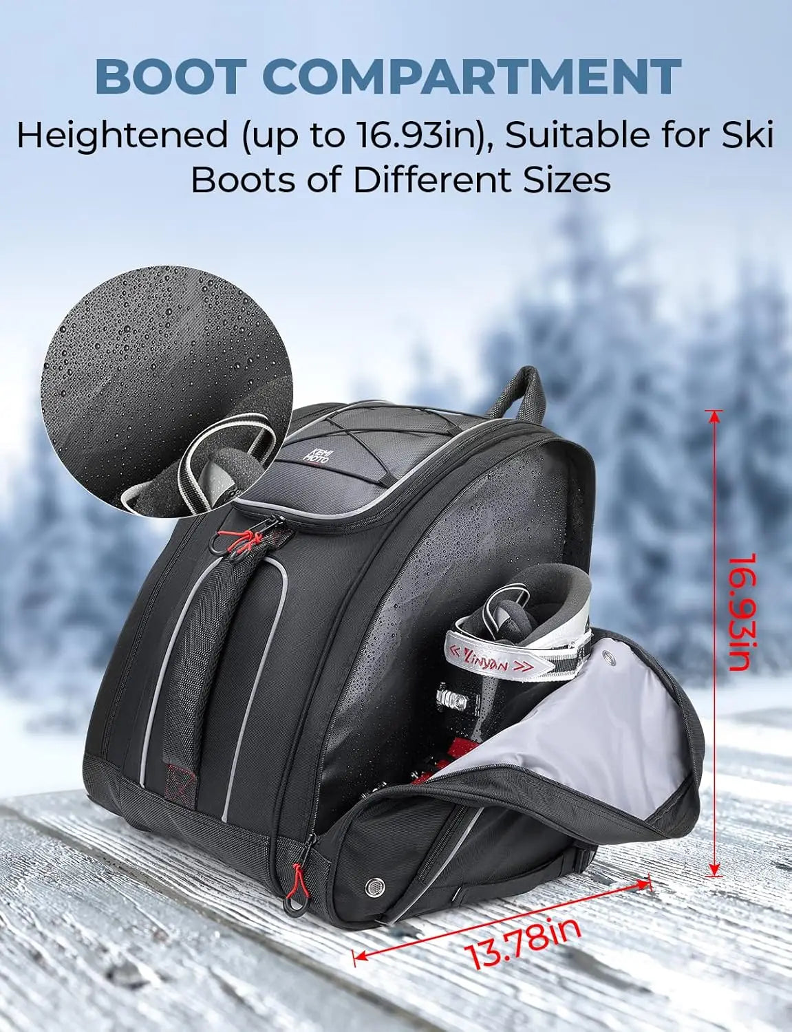 Ski Boot Bag 55L Waterproof Snowproof Travel Luggage for Boots, Skis, Helmet, Jacket & Accessories
