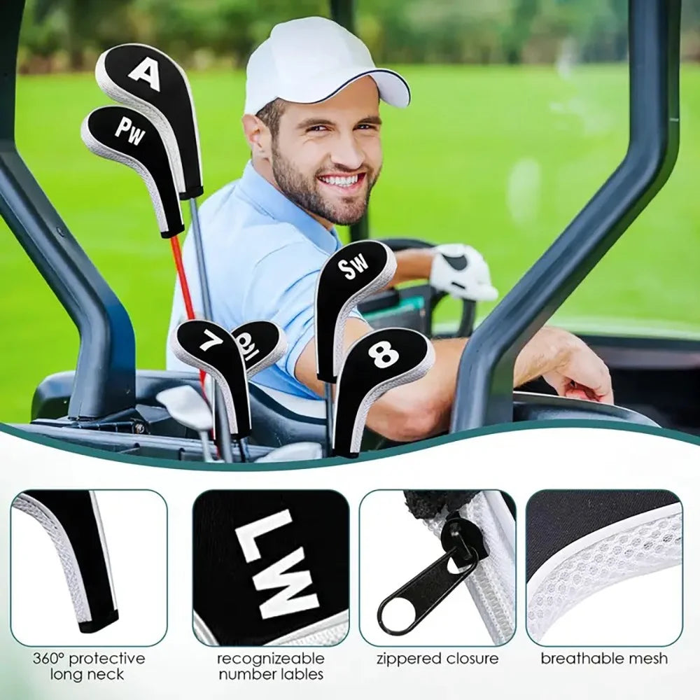 Golf Club Covers 12-Piece Neoprene Number Print Set with Zippered Driver Head Cover Long Neck for Club Protection