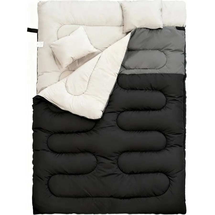 Double Sleeping Bag 2 Pillows for Adults, Queen Size XL Sleeping Bag Waterproof, Compact with Compression Sack, 2 Person Sleepin