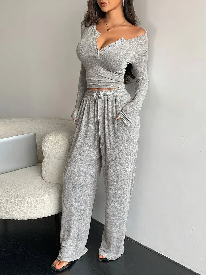Women Two Piece Sets Sexy V-neck Long Sleeve Shirts Loose High Waist Wide Leg Pant Sets Lady Running Tracksuits