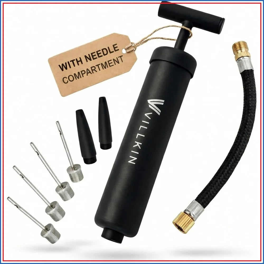 Ball Pump with Needle Storage in Handle - 4 Metal Needles, 2 Plastic Nozzles, Flexible Hose for Soccer, Basketball, Volleyball, Handball - Black