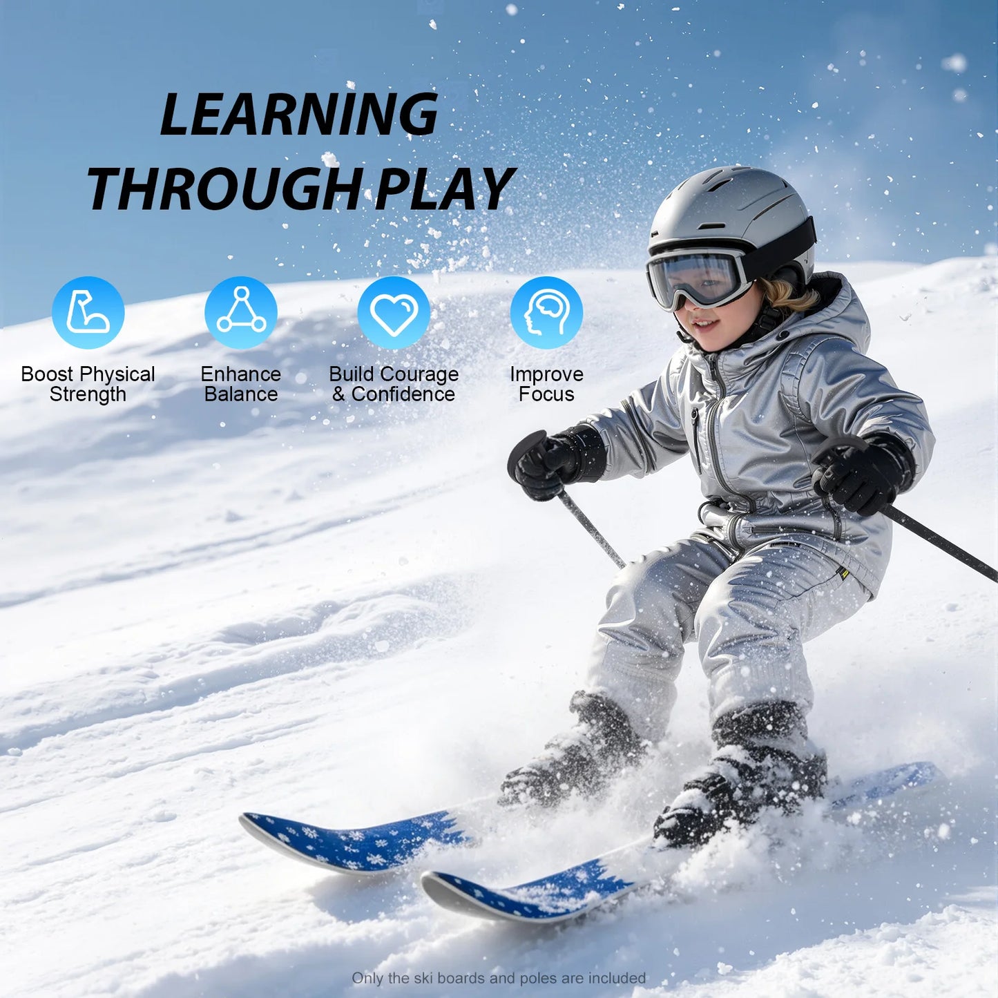 Kids Snow Sports Gear, Kids Skis and Poles, ABS PE Steel Blue 68cm 50kg Load Rounded Tip Kids Skis and Poles, Kids Skis and Poles 2-8 Years Old Beginner Snow Skiing Accessory