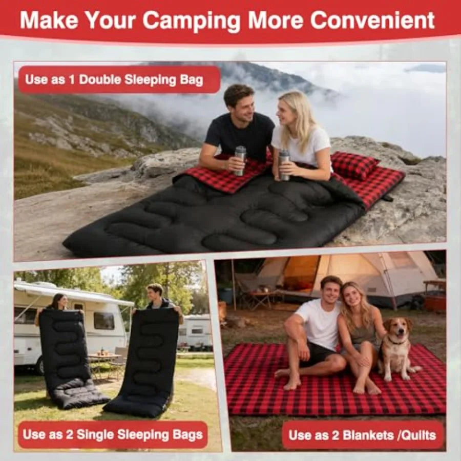 Double Sleeping Bag Sleeping Bag with 2 Pillows Queen Size XL Bag for 2 People Cold Warm Weather- 3 Seasons Waterproof Adults f