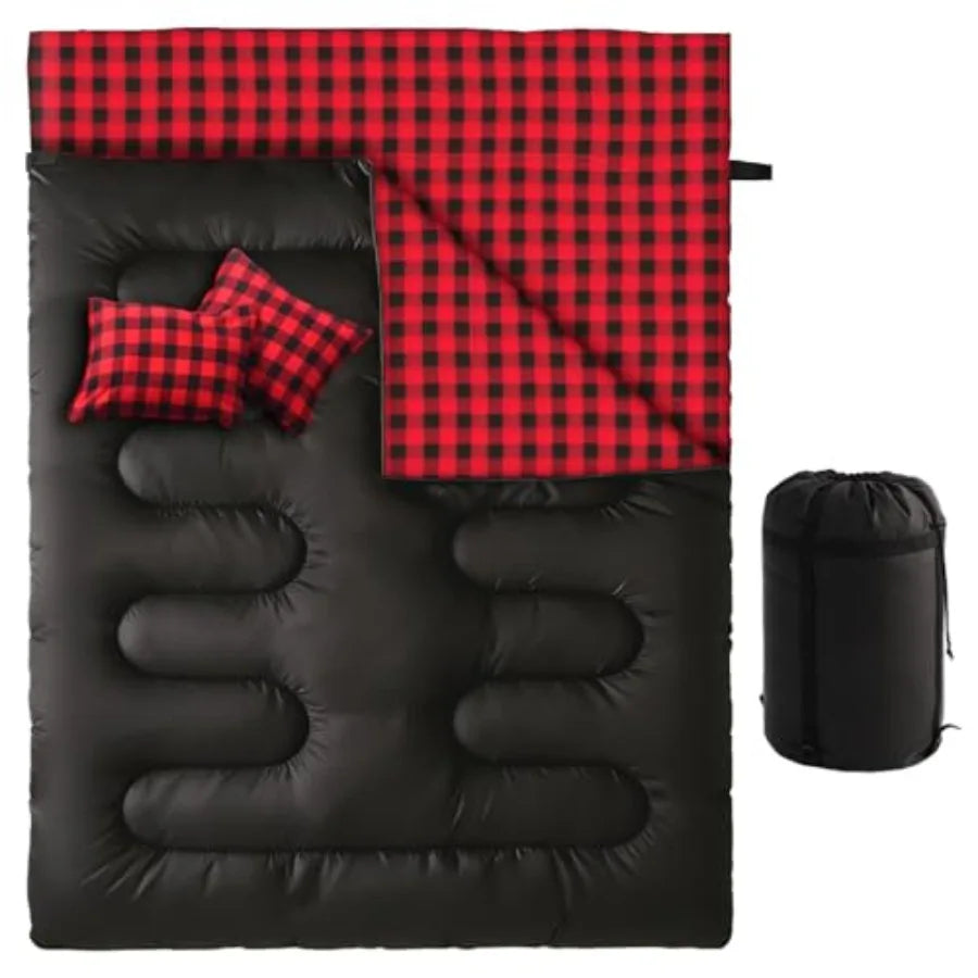 Double Sleeping Bag Sleeping Bag with 2 Pillows Queen Size XL Bag for 2 People Cold Warm Weather- 3 Seasons Waterproof Adults f