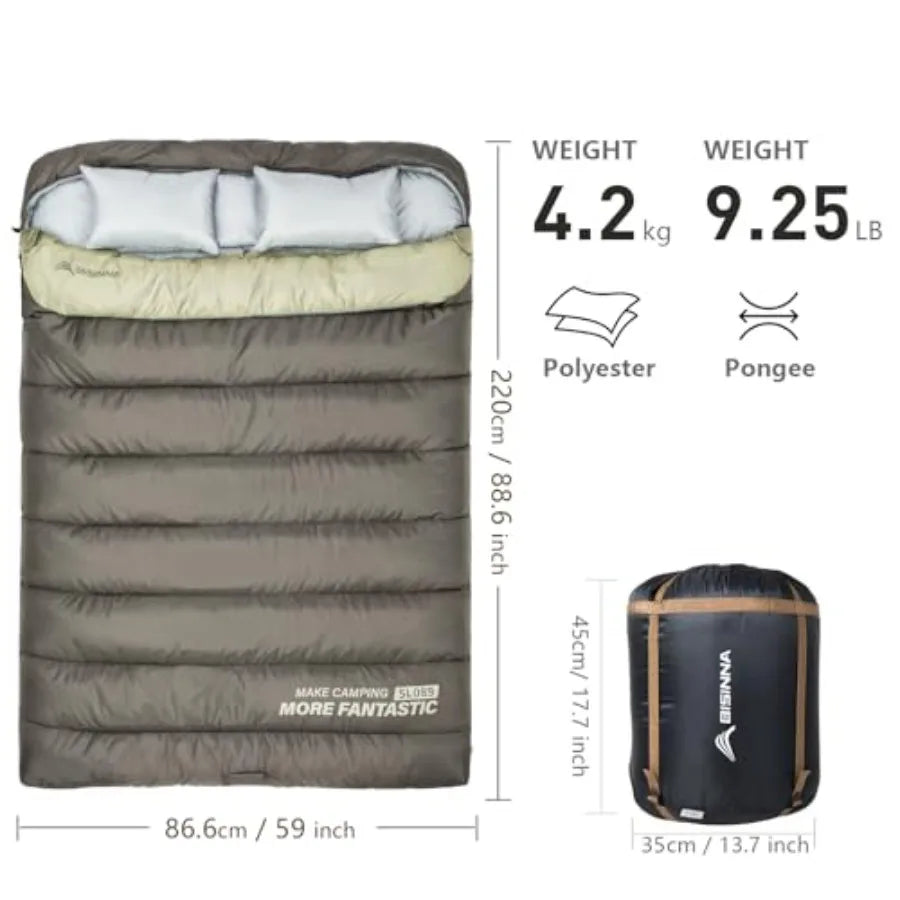 Double Sleepinag Bag for Adults Two Person Queen Size Camping Sleeping Bag for All Season Backpacking Hiking Cold Weather with