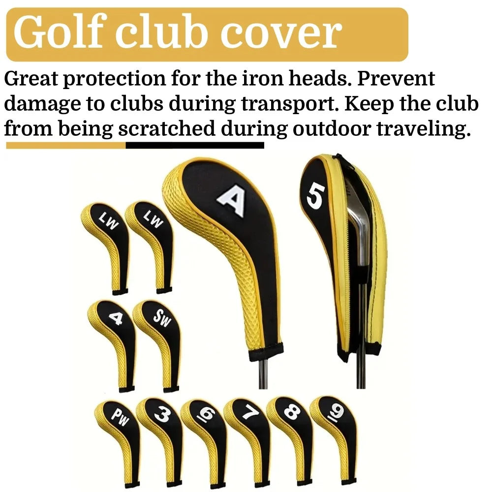Golf Club Covers 12-Piece Neoprene Number Print Set with Zippered Driver Head Cover Long Neck for Club Protection