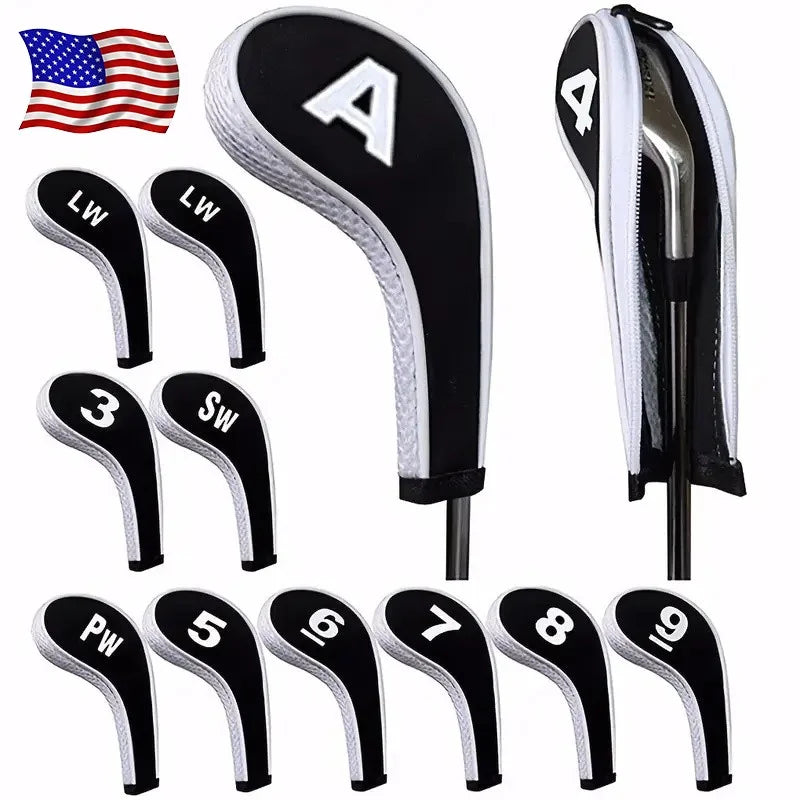Golf Club Covers 12-Piece Neoprene Number Print Set with Zippered Driver Head Cover Long Neck for Club Protection