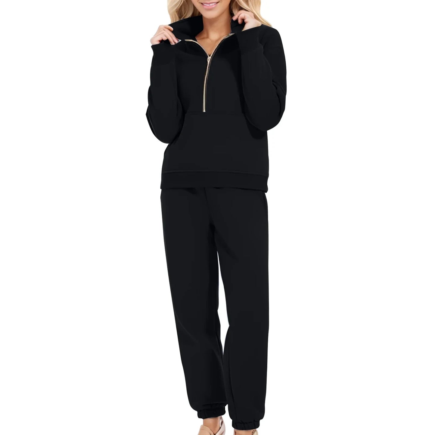 Casual Half Zip Up 2 Piece Sets For Women Loose Pullover Sweatshirt And Joggers Pants Sportswear Spring Autumn Solid Match Suits