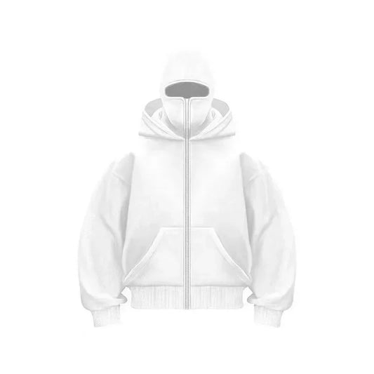 Men Hip Hop Double Hat Balaclava Hoodie Windproof Zipper Face Mask Sweatshirt Streetwear Trend Autumn Fashion Hooded Jacket Coat