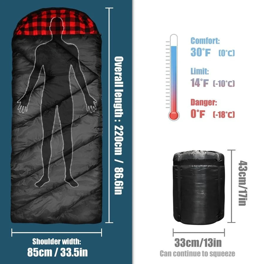 0 Degree Sleeping Bag for Adults Cotton Flannel 4 Season Cold Weather Winter, XXL Big and Tall Camping Sleeping Bag with Compres