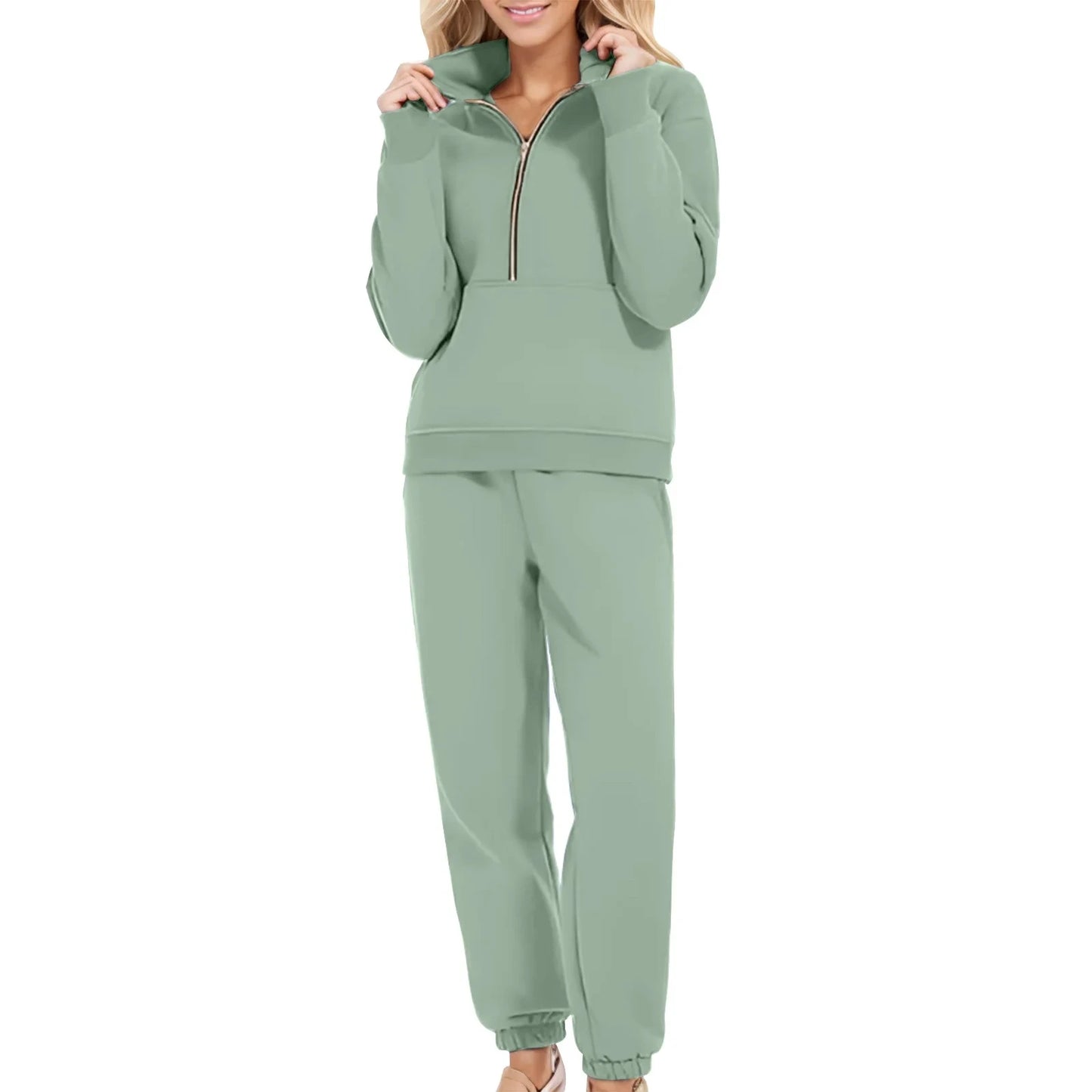 Casual Half Zip Up 2 Piece Sets For Women Loose Pullover Sweatshirt And Joggers Pants Sportswear Spring Autumn Solid Match Suits